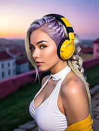 A mature woman with braided grey hair stands outside a fortified castle at dawn