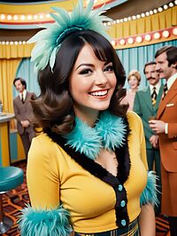 A 30 year old woman with ombre hair poses seductively amidst 1970s glamour